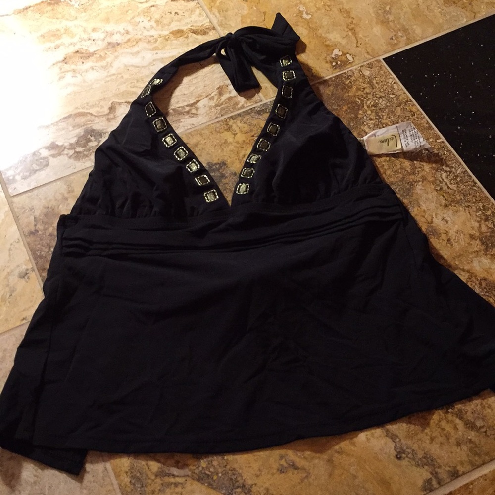 Leilani black bathing suit halter/Embroidered gold